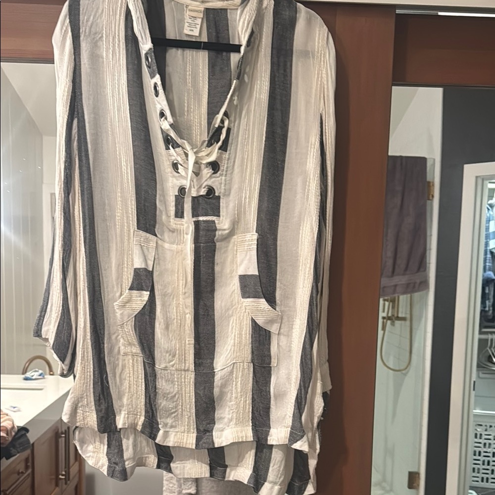 L*Space Black and White Striped Blouse with Lace-Up Front